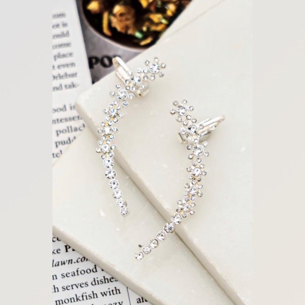 Silver rhinestone flower ear jacket earrings